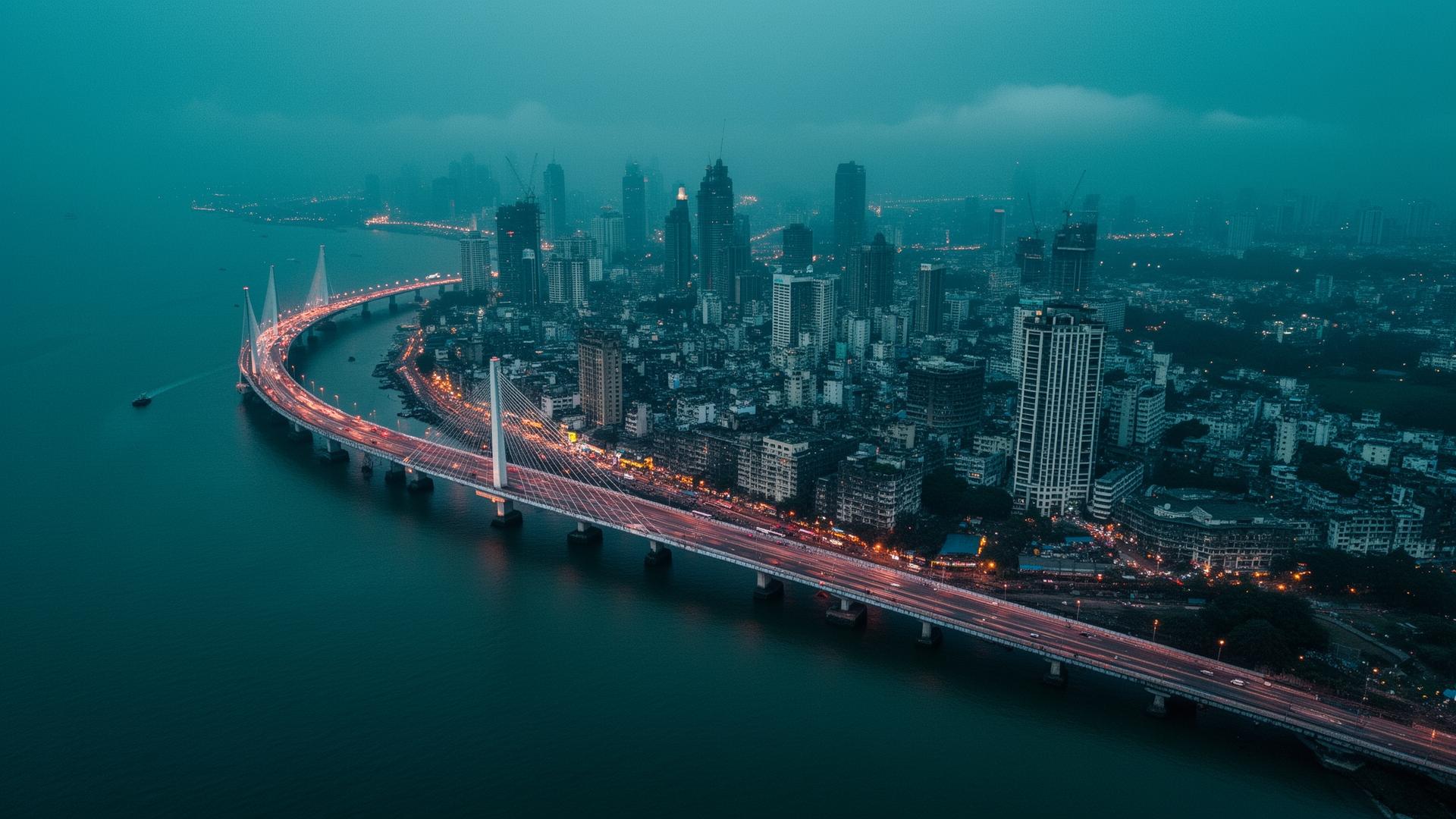 Mumbai skyline at blue hour with the Bandra-Worli Sea Link